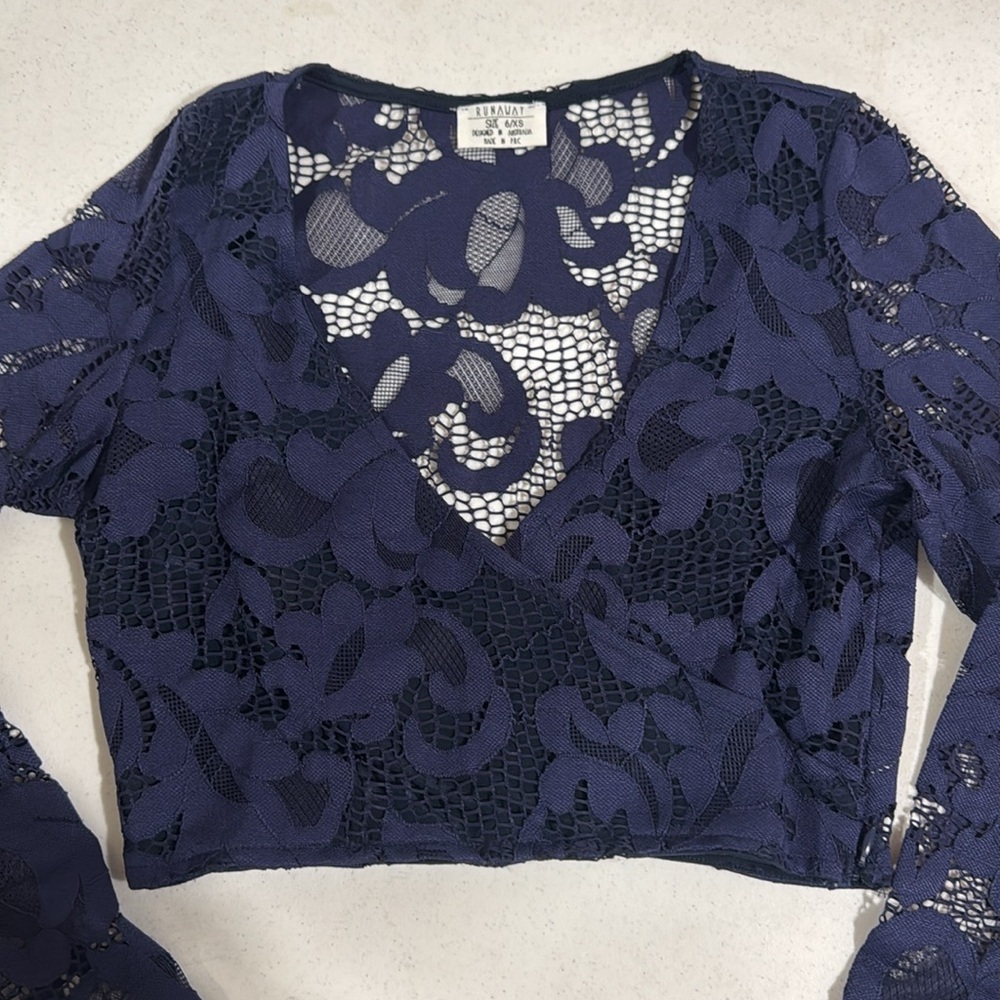 Runaway the Label Crop Lace Long sleeve top Side Zip Sheer XSmall EUC